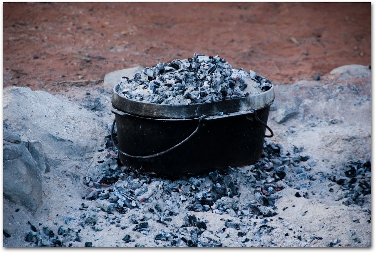 Food cooking over coals