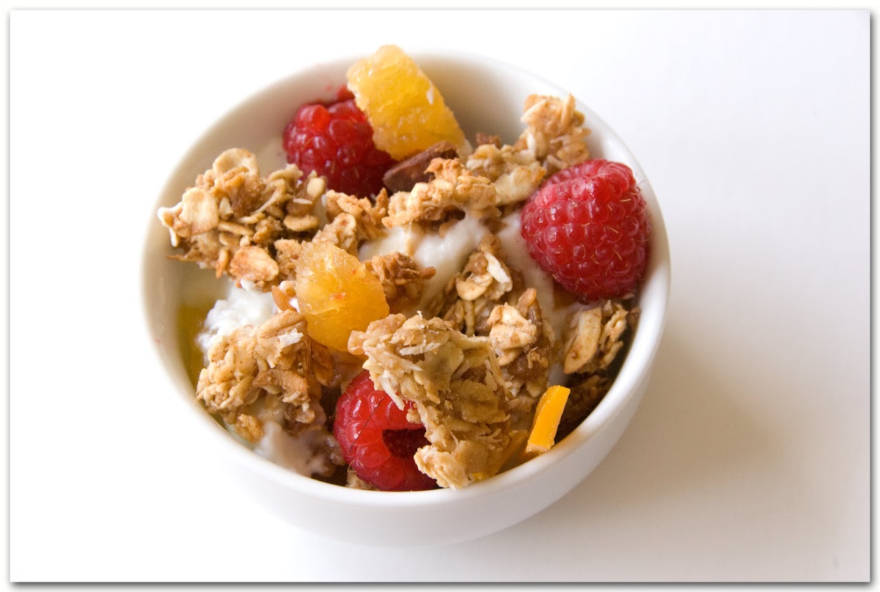 Tropical granola with yogurt and fruit