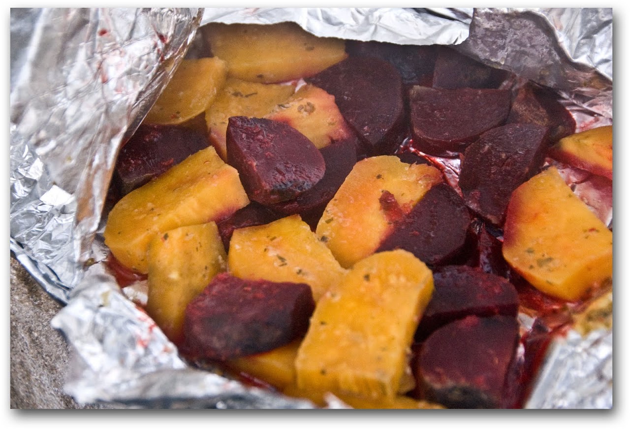 Sweet potatoes and beets in hangi