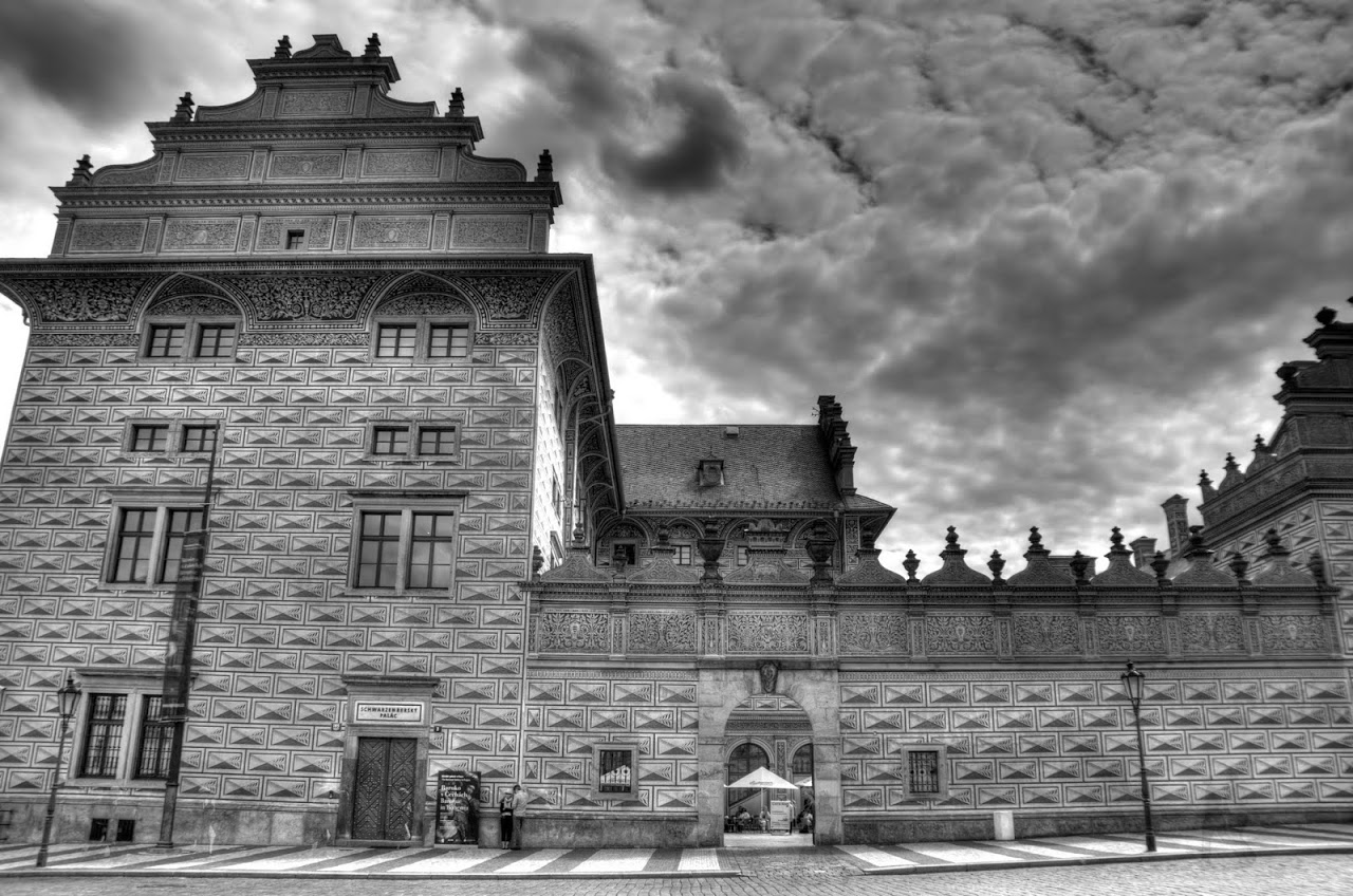 Prague buildings in black and white