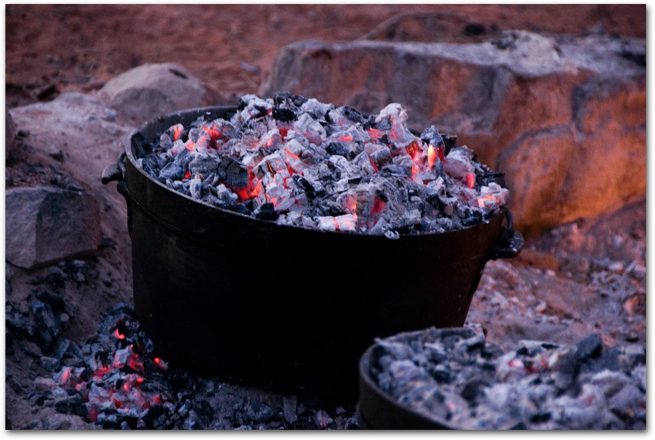 Food cooking over coals